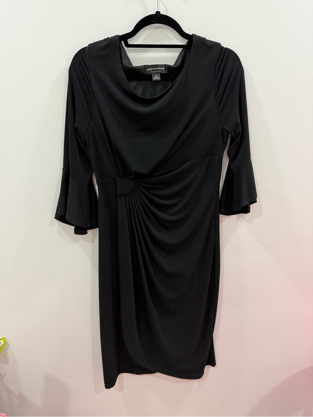 Connected Apparel Black Cowl-Neck Midi Dress with Side Draping Size 10